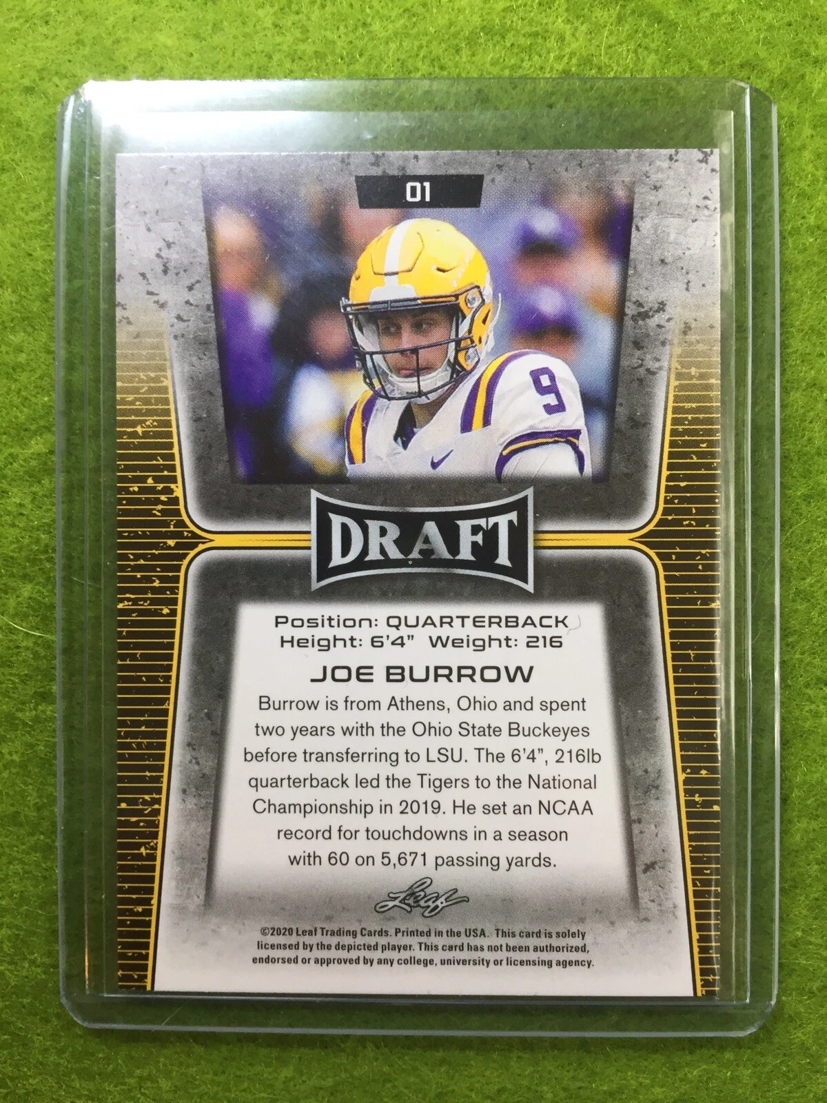 JOE BURROW ROOKIE CARD JERSEY #9 LSU GOLD RC 2020 Leaf Football BENGALS