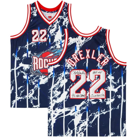 Clyde Drexler Houston Rockets Autographed Navy Marble Mitchell & Ness 1996-1997 Swingman Jersey with Multiple Inscriptions - Limited Edition of 15 - Fanatics Authentic Certified
