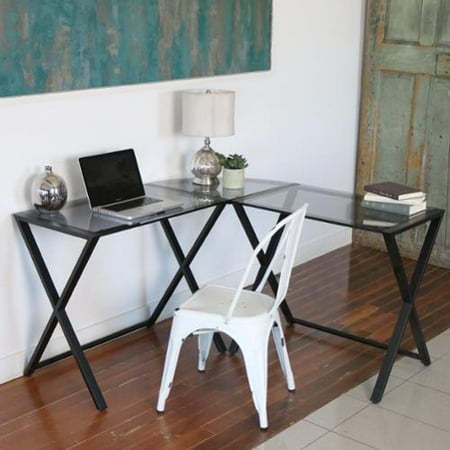 We Furniture X Frame Smoked Glasetal L Shaped Computer Desk X Frame Smoked Glasetal L Shaped