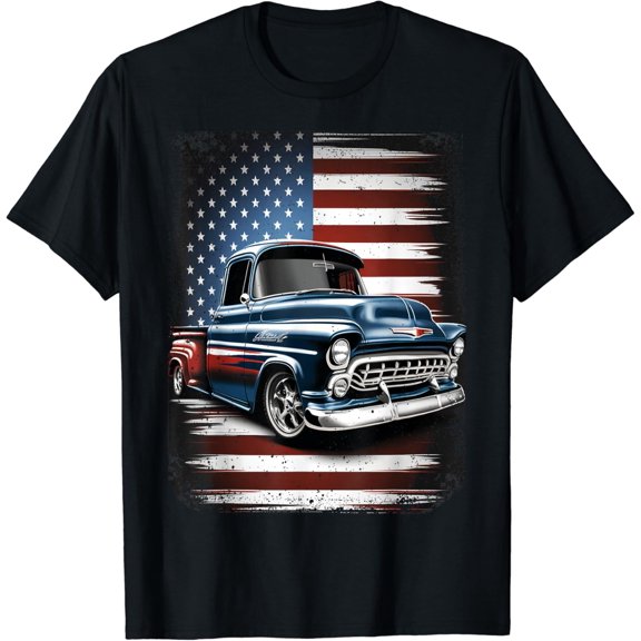 Classic Old Pickup Truck American Flag 4th of July Patriotic T-Shirt