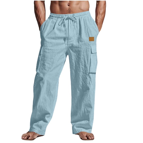 Cotton Linen Pants for Men Casual Fashion Wide Leg Beach Vacation Pant Elastic Waist Lightweight Loose Athletic Trousers with Pocket