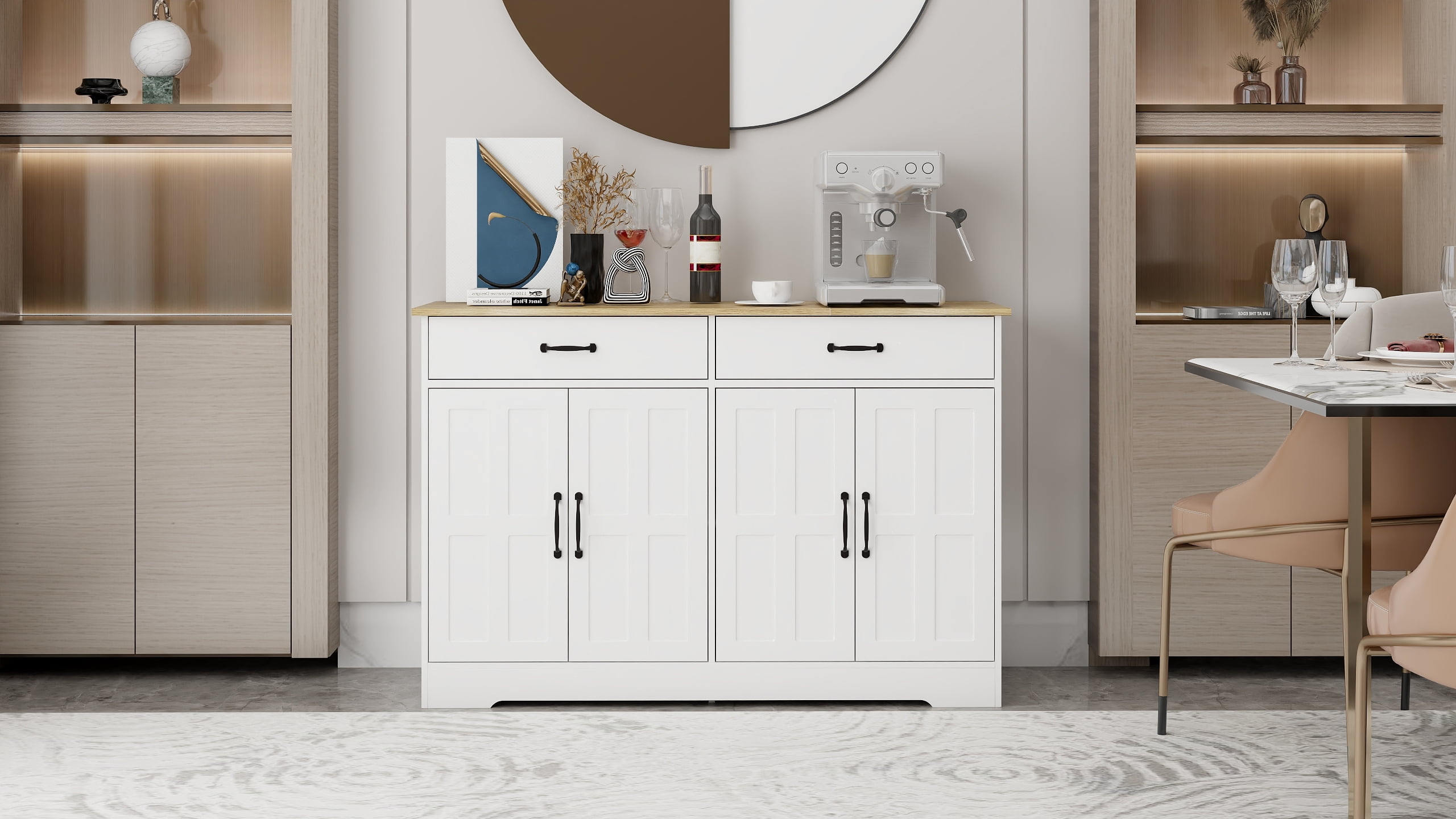 Mintazer Farmhouse Sideboard Buffet Cabinet with 2 Drawers & 4 Doors, Freestanding Storage Cupboard for Kitchen Dining Room Living Room, White