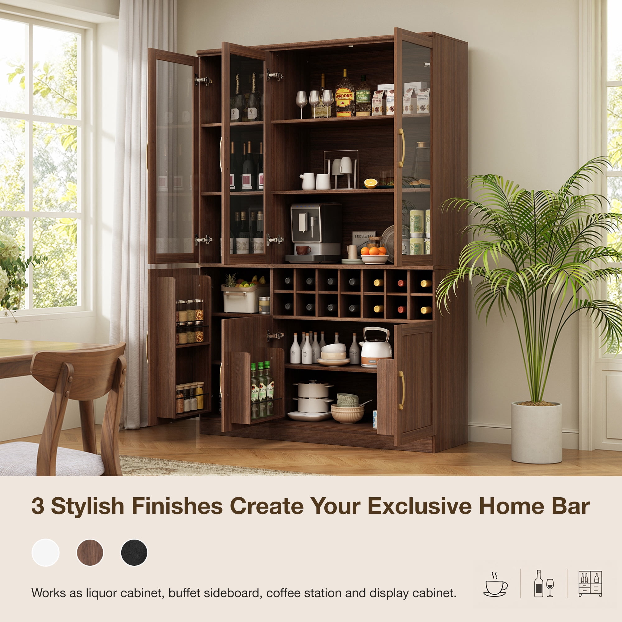 Euroco 70" Tall Wine Bar Cabinet with Glass Doors,Modern Coffee Liquor Cabinet with Removable 14-Bottle Wine Rack & Built-in Door Shelves,Large Pantry Cabinet for for Kitchen Dining Room,Walnut