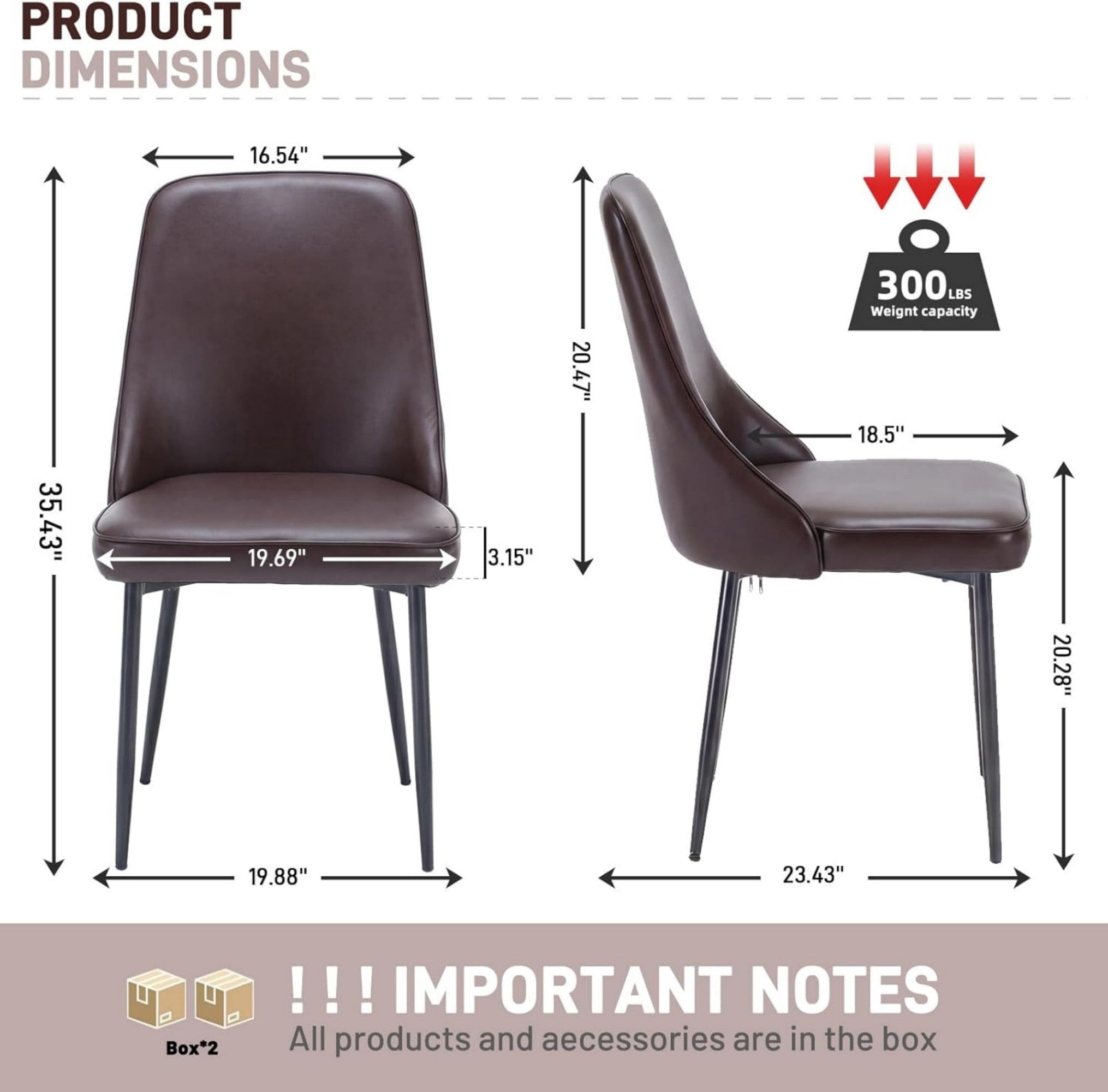 Sailvan Modern Dining Chairs Set of 8,Faux Leather Upholstered Kitchen Chairs with Ergonomic Curved Back and Metal Legs,Waterproof Side Chairs for Dining Room Brown