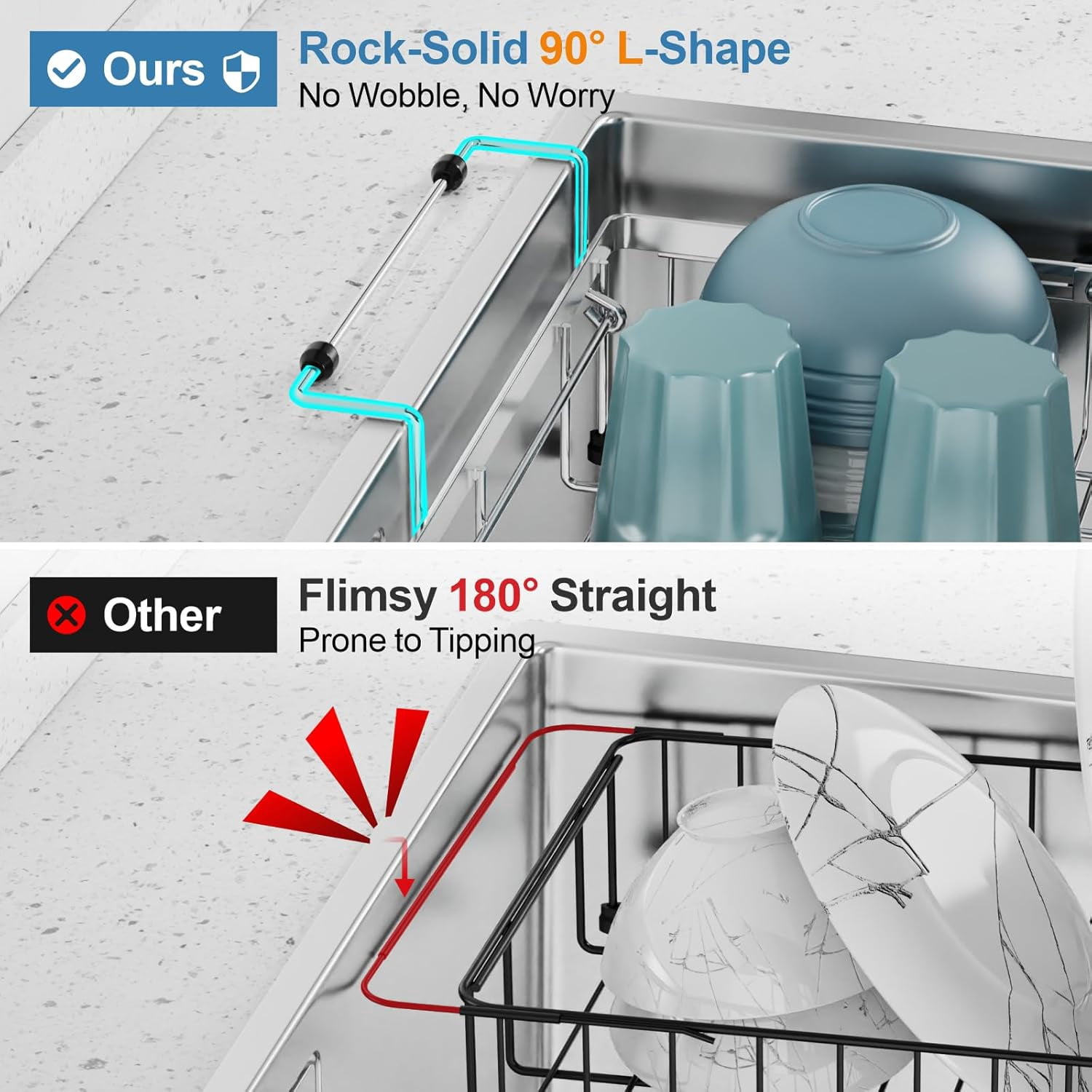 Expandable Over The Sink Dish Drying Rack - Stainless Steel Heavy Duty in Sink Dish Drainer with Square Corners, Rust Resistant with Lock Knob, Fit for Modern Single & Double Sinks, Black