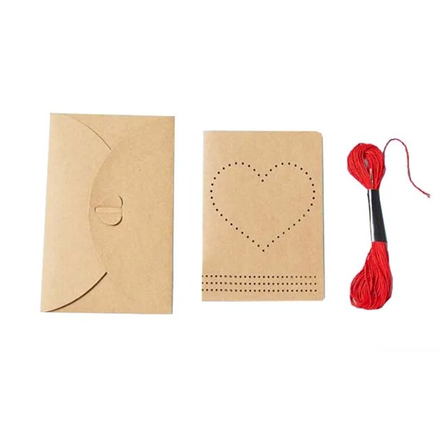 Puntada bordada a mano, sutura de botón de amor, de papel Kraft sobre de tarjetas de felicitación, cuerda de papel hecha a mano, decoración de invitaciones de boda