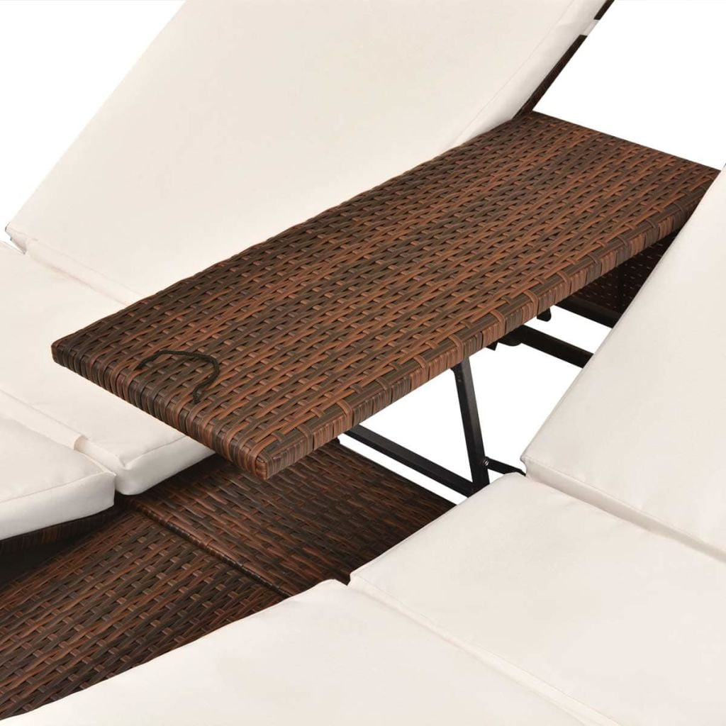 Kepooman Patio Rattan Double Sun Lounger Set with Curtains for Beach Garden, Brown Kepooman Patio Rattan Double Sun Lounger Set with Curtains for Beach Garden, Brown