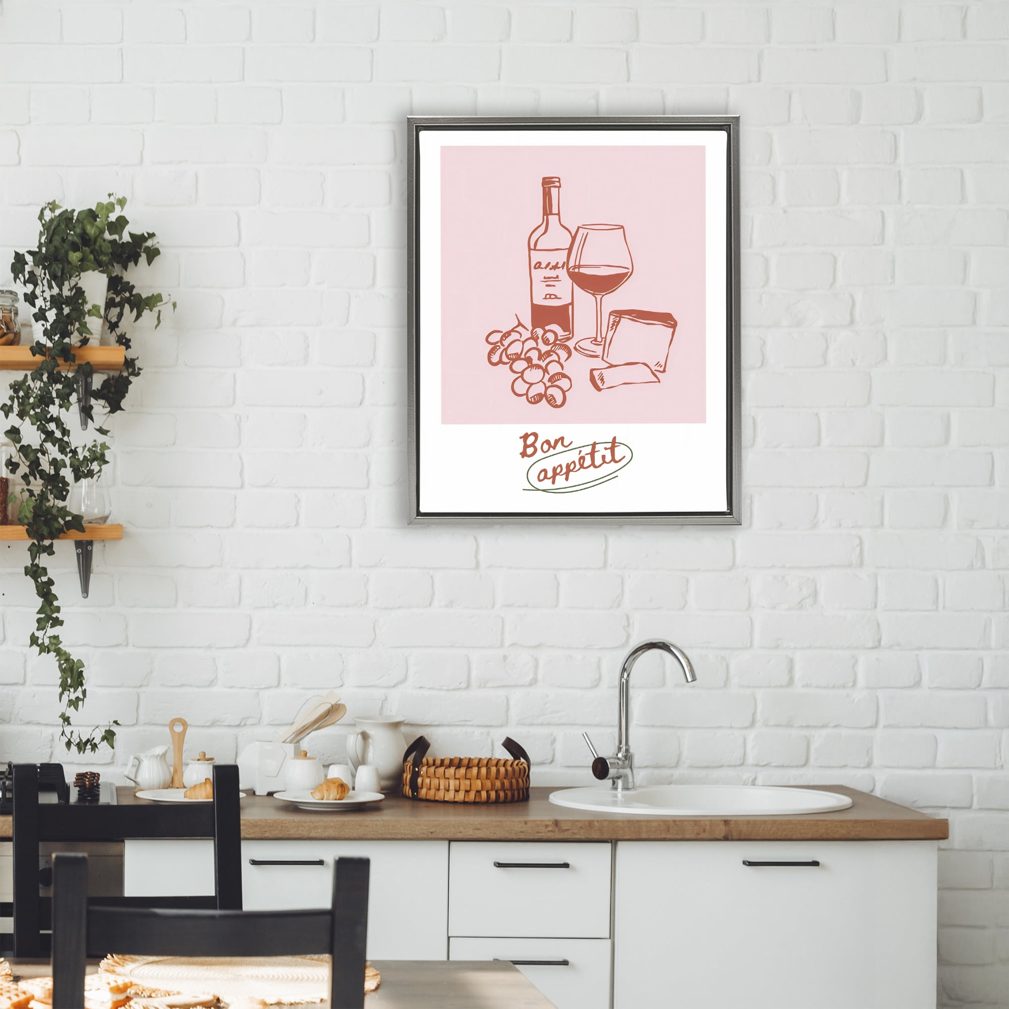 Stupell Industries Bon Appetit Wine & Grapes Gray Framed Floater Canvas Wall Art, design by The Prints Vibe