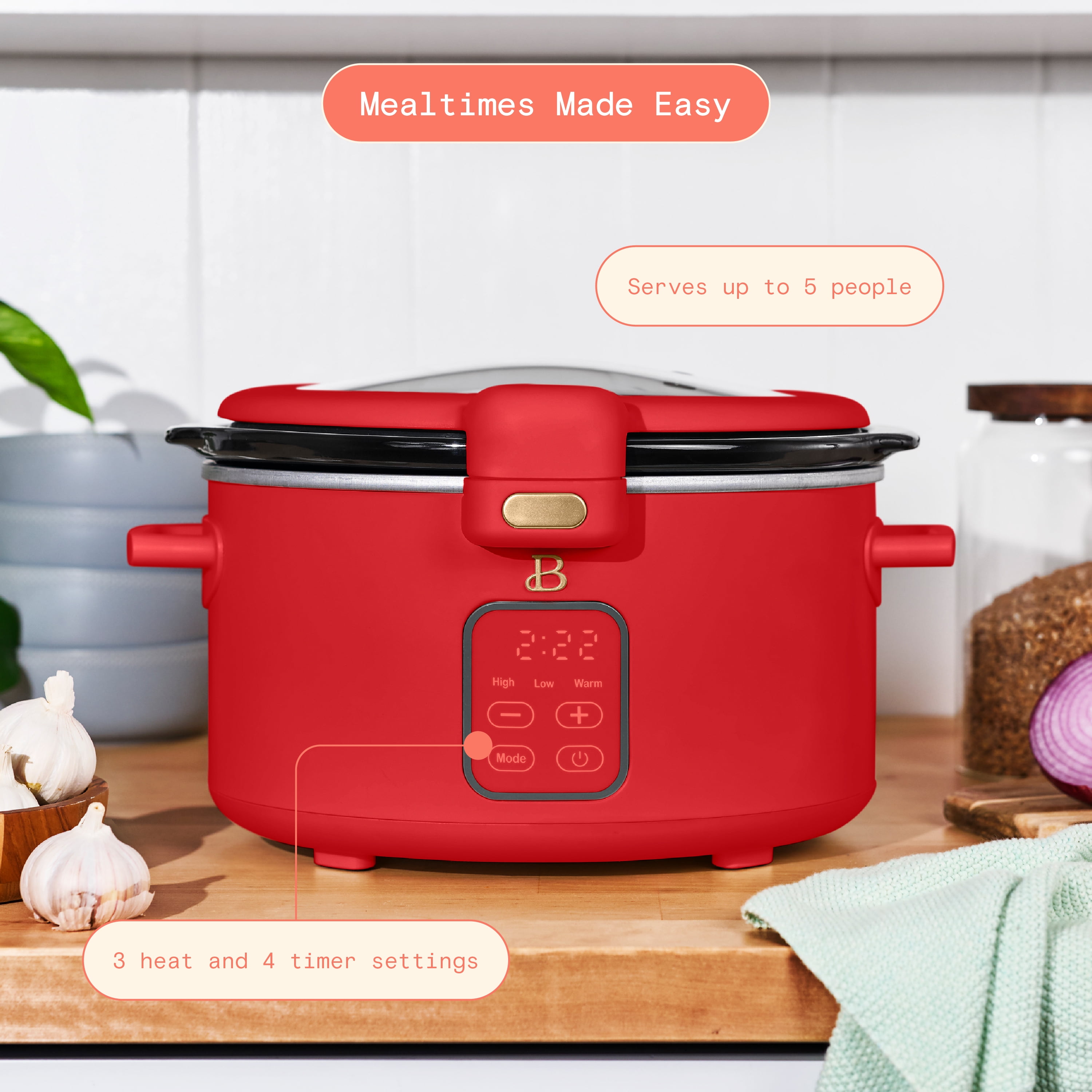 Beautiful 4 Qt Digital Slow Cooker with Hinged Locking Lid, Tomato Red by Drew Barrymore