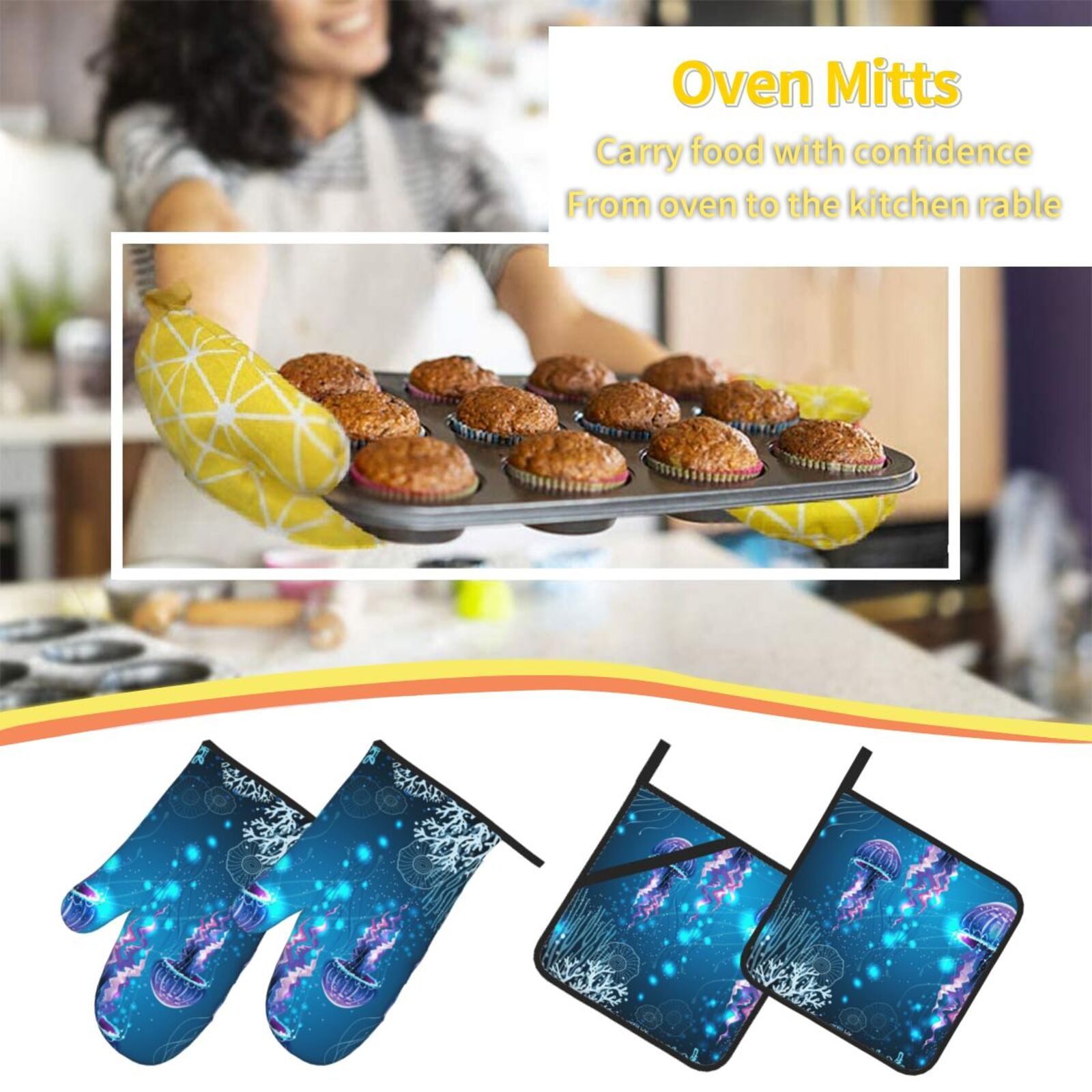 Glowing Vivid Jellyfishes 4Pcs Oven Mitts and Pot Holders Sets Oven Kitchen Gloves Hot Pads for Cooking BBQ Baking Grilling