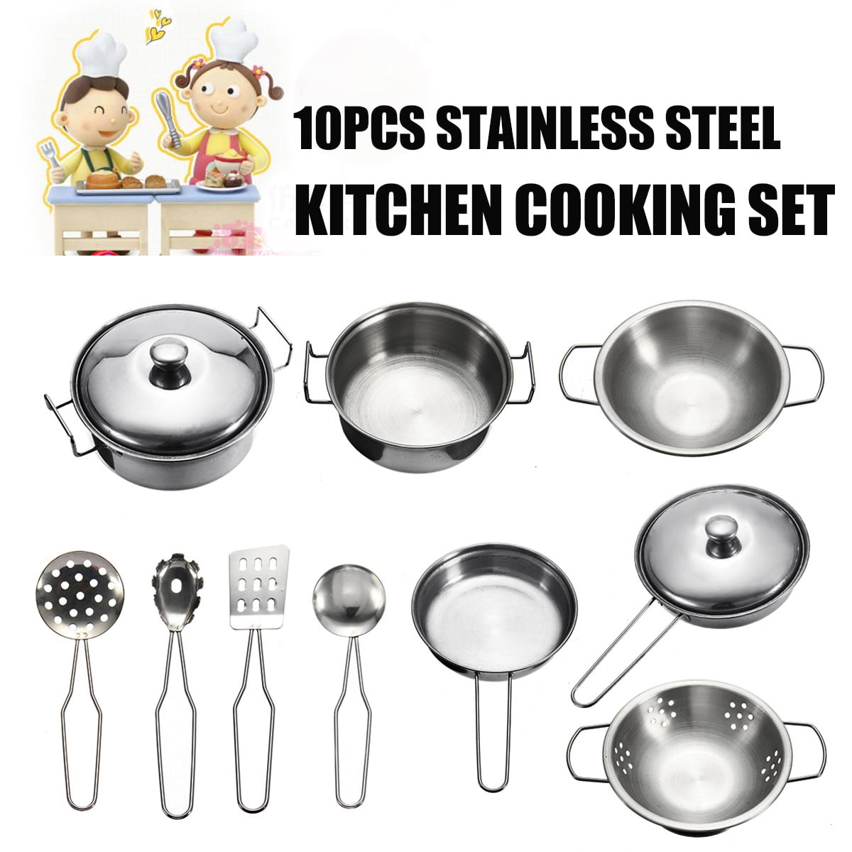 10Pcs Kitchen Cooking Pots Pans Utensils Kids Pretend Play Children Cookware Toy 