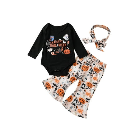 

Loalirando Baby Halloween Pumpkin Print Romper and Trousers Headband 3Pcs Set