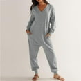 thumbnail image 2 of Elainilye Fashion Womens Onesie Pajamas Solid Color Casual Loose Fitting Jumpsuit Long Sleeved V-neck Jumpsuit Casual Pajamas,Gray, 2 of 9