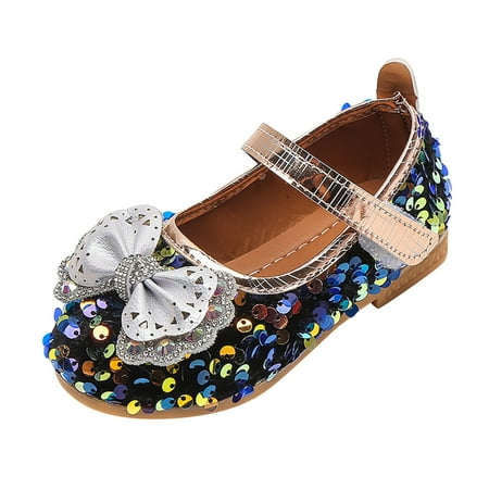 

TAIAOJING Girl s Dress Shoes Fashion Autumn Casual Shoes Flat Light Breathable Hook Loop Shiny Sequins Cute Hollow Bow