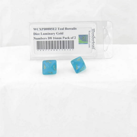 Teal Borealis Dice Luminary with Gold Numbers D8 Aprox 16mm (5/8in) Pack of 2 Wondertrail