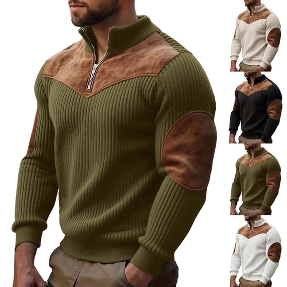 Fewfanhot Mens T Shirts Pullover Quarter Zip Vintage Textured Lapel Sweatshirts Fall Winter Long Sleeve Sport Tops with Elbow Patch