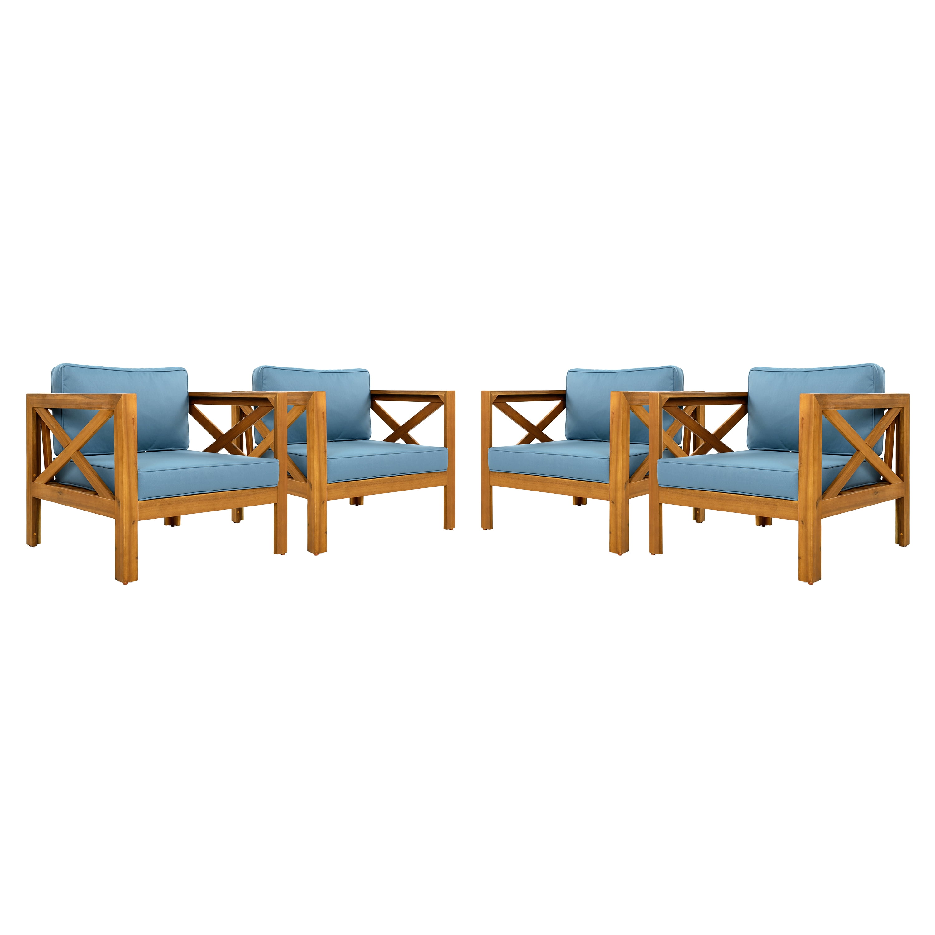 Wooden Armchair Set of 2, Outdoor Acacia Wood Club Chair with Cushions for Patio Garden, Teak and Blue