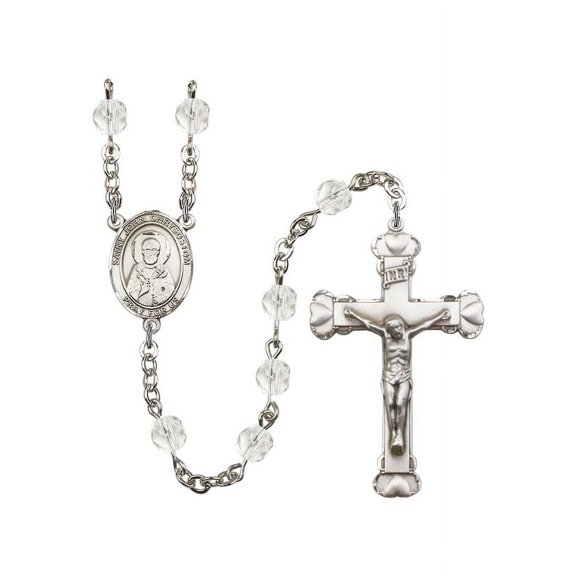St. John Chrysostom Silver-Plated Rosary 6mm April Crystal Fire Polished Beads Crucifix Size 1 5/8 x 1 medal charm