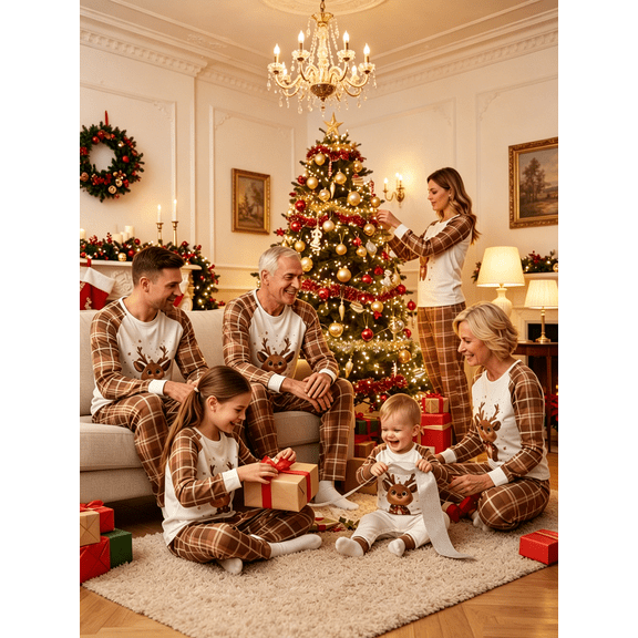 AIGUR Family Matching Christmas Pajamas Set Plaid and Reindeer Print Holiday Pajamas Sleepwear Dad Mom Kids PJs