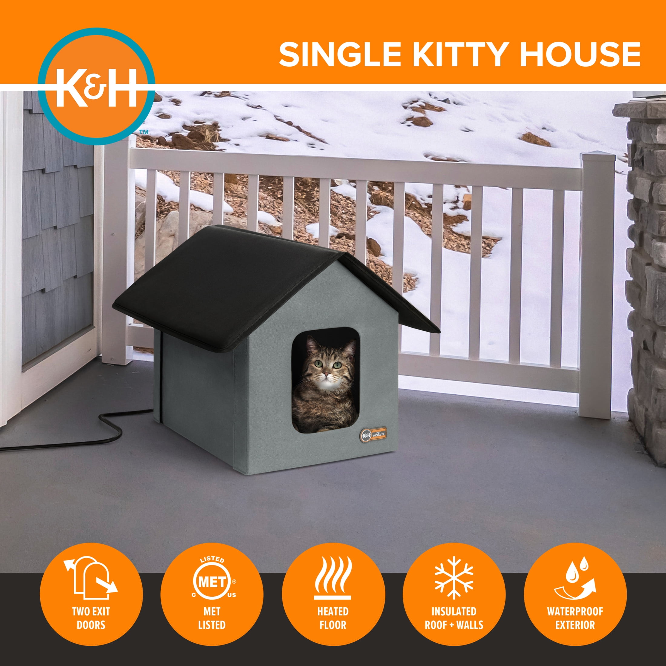 K&H Pet Products  Heated Cat House for Outdoors Cat Shelter Gray/Black 22 X 19 X 17 Inches
