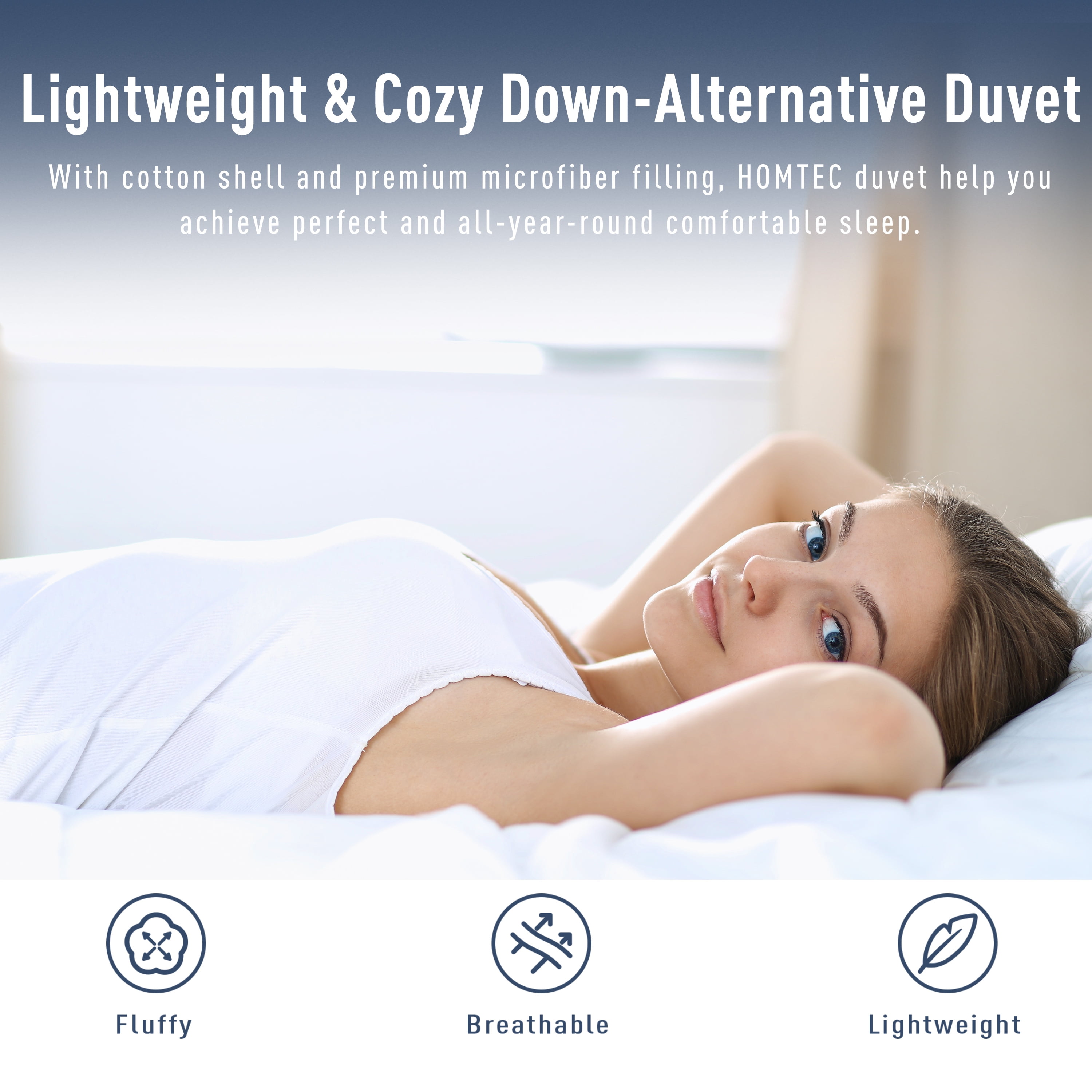 HOMTEC Queen Duvet Insert, White Cotton Comforter, All Season Down Alternative Duvet with 100% Cotton Cover, 4 Corner Tabs, Washable Breathable Noiseless