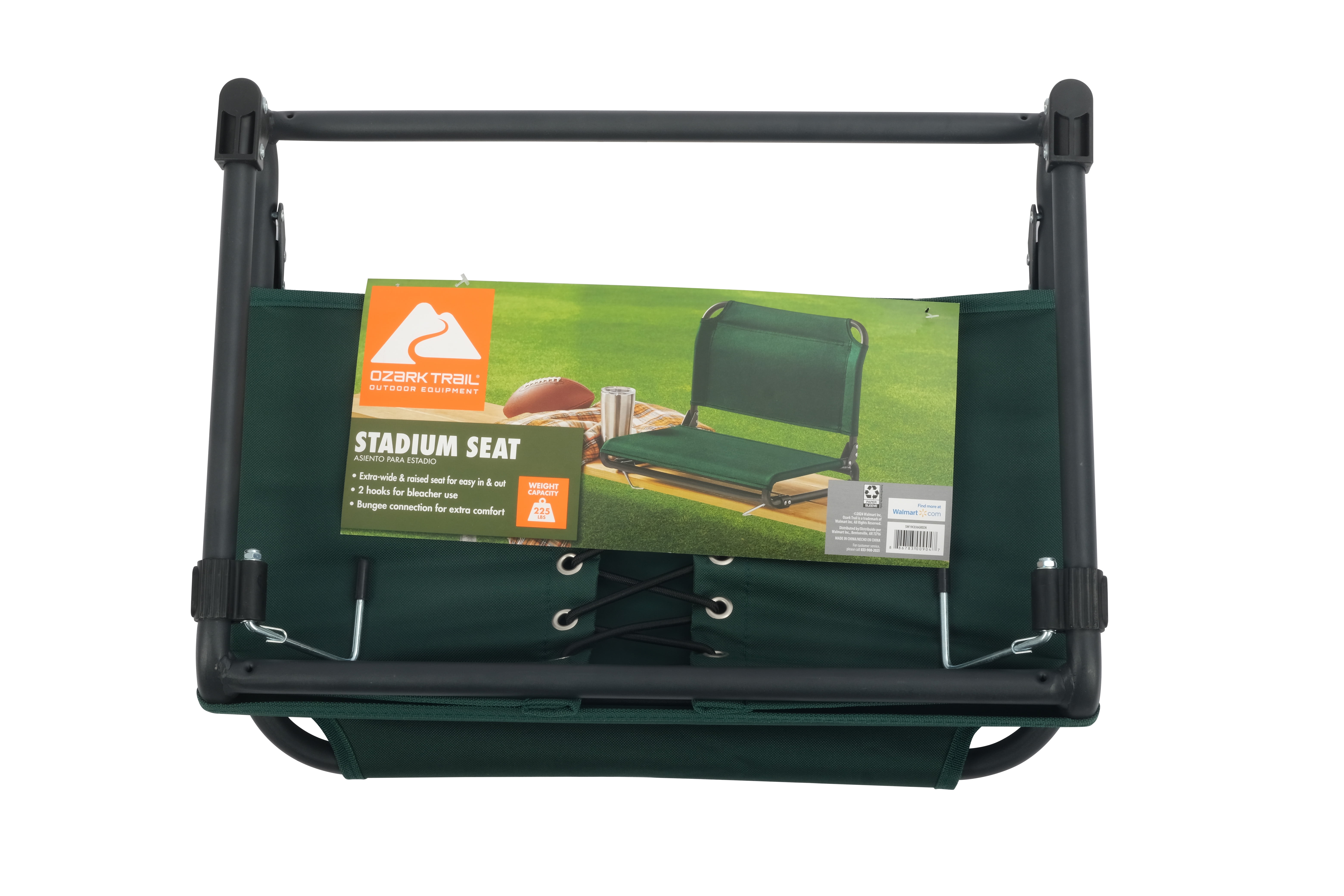 Ozark Trail Stadium Seat, Extra-Wide with Bleacher Hooks, Bungee Comfort, Dark Green