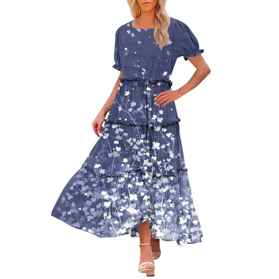 Yotami Bohemian Dress for Women Summer Short Sleeve Floral Print Long Dress Crew Neck Loose Flowy Dress for Everyday