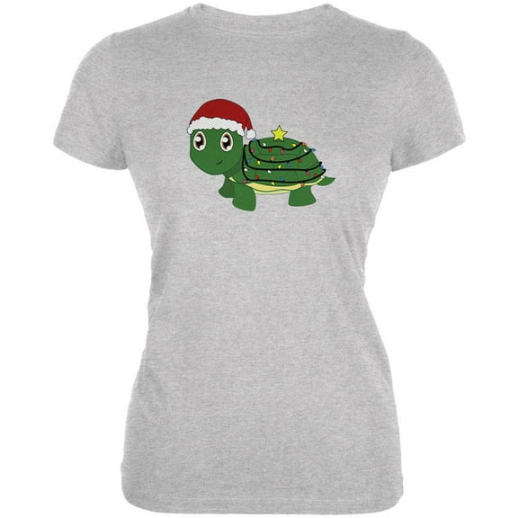 Christmas Turtle Lights Santa Hat Juniors Soft T Shirt Heather SM