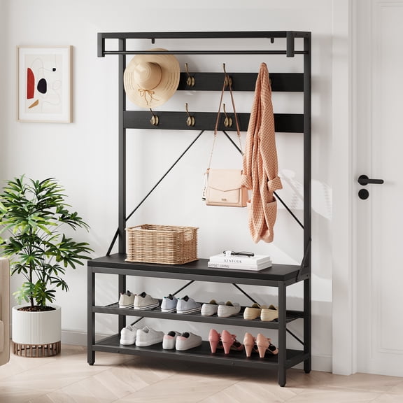 Hall Tree Coat Rack with Shoe Bench – Coat Rack Stand with 8 Removable Hooks and 3-Tier Storage Shelves, Modern Industrial Style Coat Tree for Entryway Hallway, 39.9" x 15.7" x 72" Black