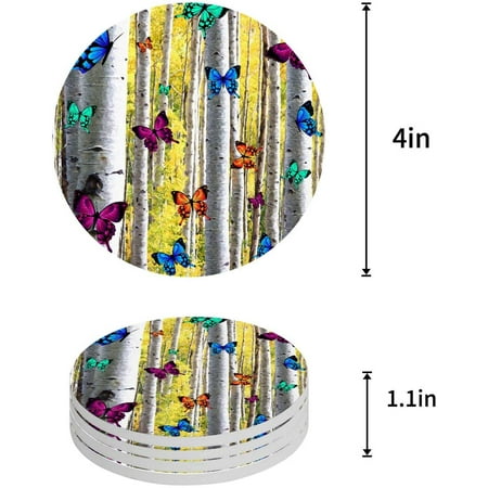 

KXMDXA Butterflies in The Birch Forest Set of 6 Round Coaster for Drinks Absorbent Ceramic Stone Coasters Cup Mat with Cork Base for Home Kitchen Room Coffee Table Bar Decor
