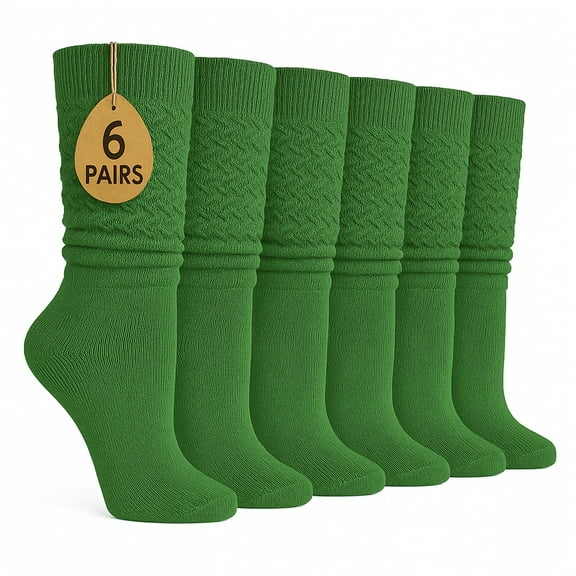 Women's Extra Long Knee High Slouch Scrunch Socks Cotton Blend 28 Colors Pack of 6, Fits 5-10 - Forest Green