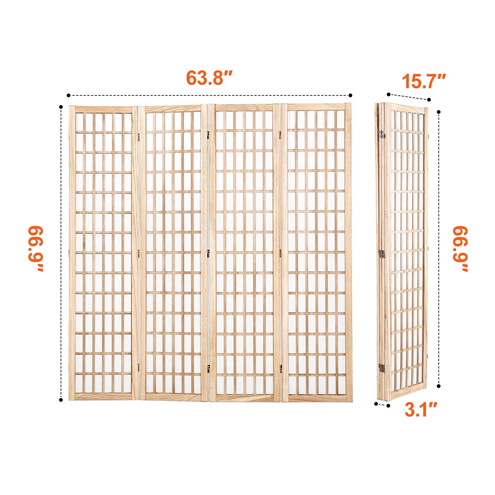 KFFKFF 4-Panel Japanese Style Room Divider, Folding Privacy Screen for Indoor Use, Portable Partition for Room Separation, Home, Office, Restaurant, and Bedroom Decoration (Natural)