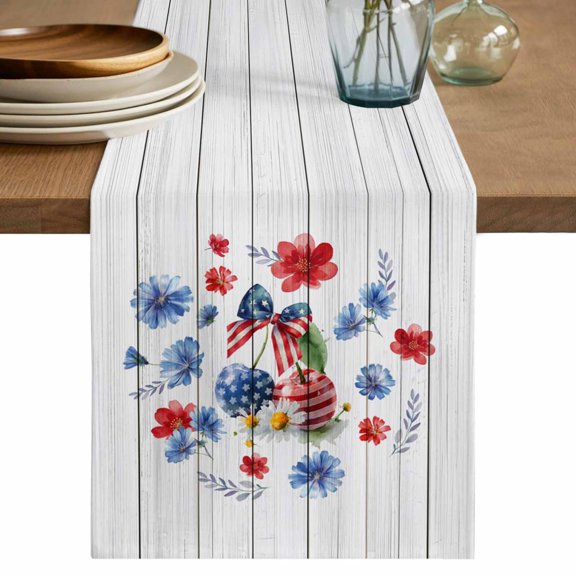 4th of July Table Runner 60 Inches, Independence Day Floral Blue Red Botanical Bed Runner Dresser Scarves Tabletop for Indoor Outdoor Parties/Ceremony/Banquet, 13" x 60"