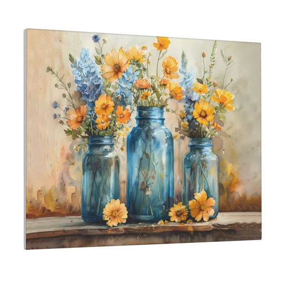 Gukieu Rustic Blue Vase Blossoms Print Canvas Decorative Hanging Painting, Waterproof Art Wall Decoration with Frame, Suitable for Living Room, Bedroom