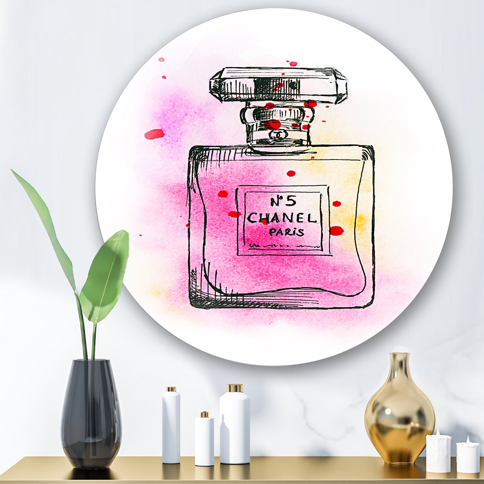 Designart 'Perfume Chanel Five Pink Strokes' French Country Circle Metal Wall Art 23x23 - Disc of 23