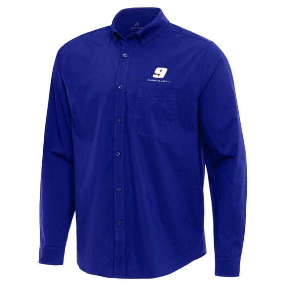Men's Antigua  Royal Chase Elliott Flight Woven Tri-Blend Long Sleeve Button-Down Shirt
