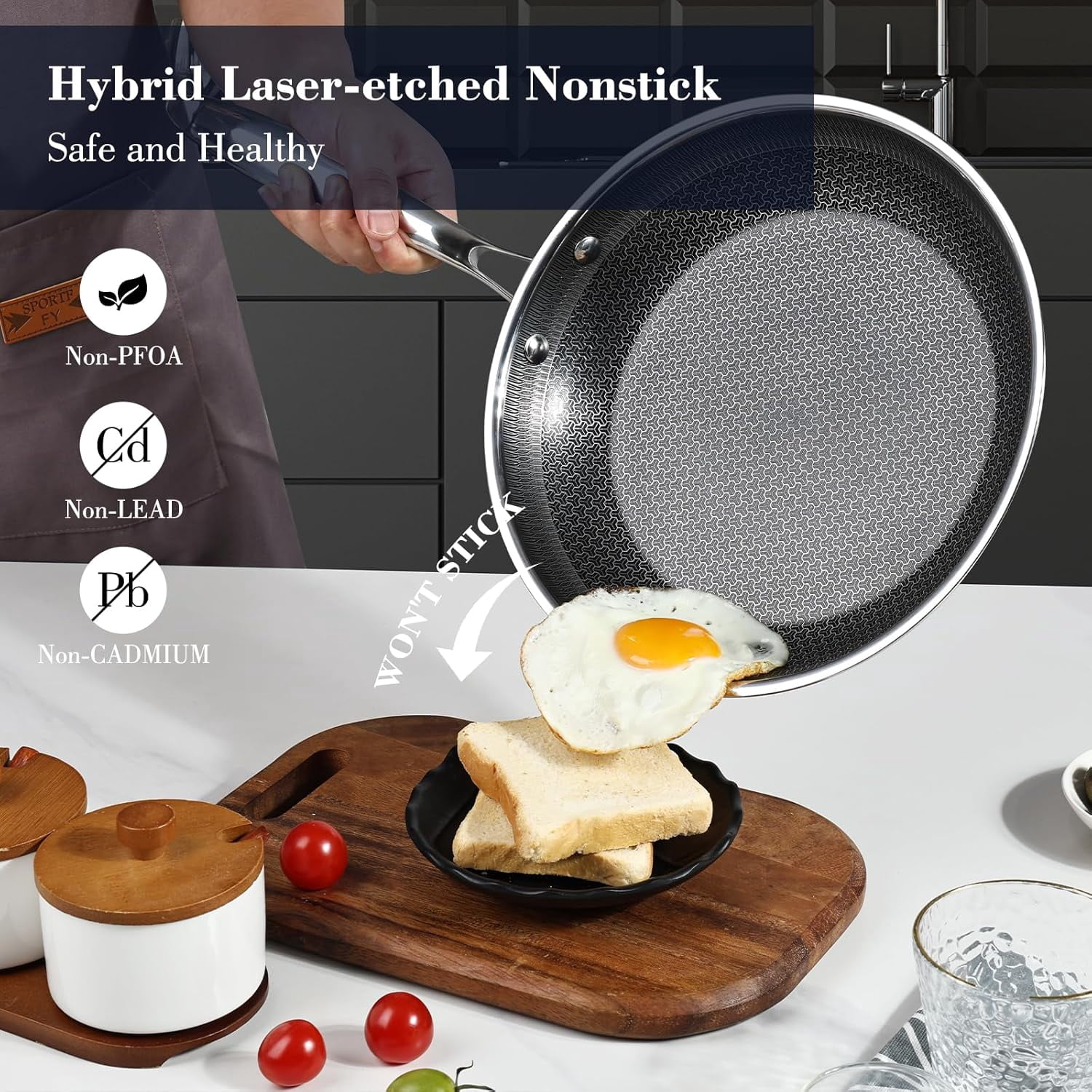 12 Inch Hybrid Non Stick Frying Pan Stainless Steel Skillet with Glass Lid PFOA-Free Cookware