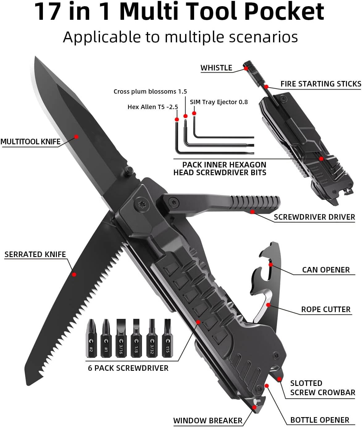 Multitool Knife with Fire Starting Sticks, Bottle Opener, Saw, Screwdrivers, Whistle, Window Breaker and More for Camping, Outdoor, Survival and Everyday Use