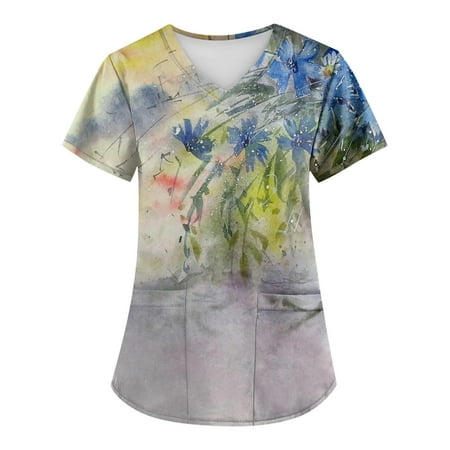 

BIZIZA Uniforms & Scrubs Casual Oversized V Neck Uniform with Two Pocket Tie Dye Printed Short Sleeve Tops for Plus Size Women Blue XL