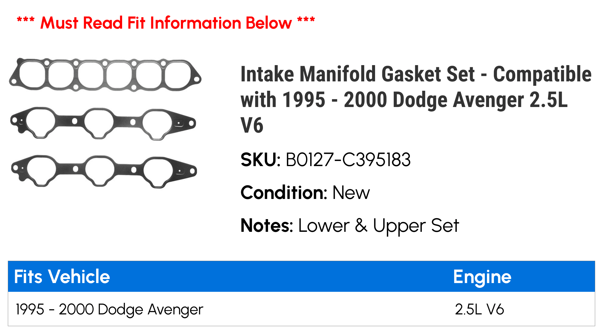 Intake Manifold Gasket Set - Compatible with 1995 - 2000 Dodge Avenger 2.5L V6 1996 1997 1998 1999