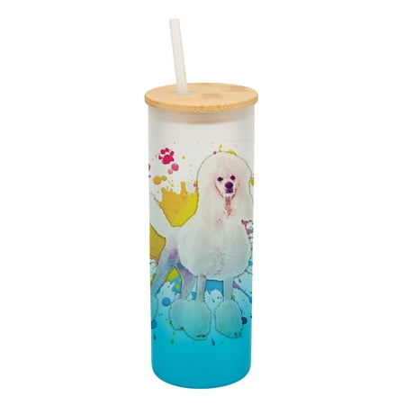

100 North 25 Ounce Frosted Glass Gradient Travel Tumbler With Straw & Wooden Lid Poodle Dog Paint Splatter Sky Blue
