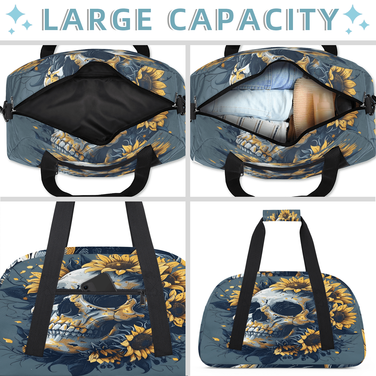 Herdesigns Halloween Skull Sports Duffle Bag for Women & Men, Scary Skeleton Gym Bag Dance Bag Overnight Bag Carry On Weekender Travel Bag