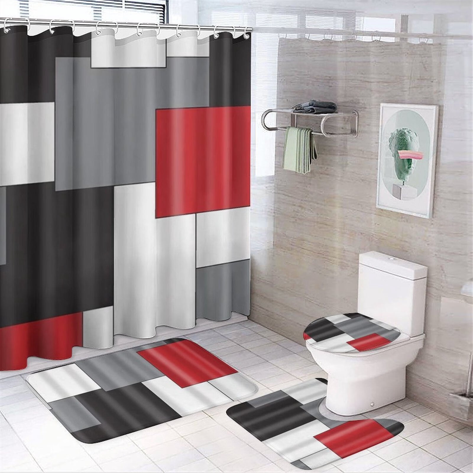 4pcs Geometric Red Shower Curtain Sets with NonSlip Rugs,Toilet Lid