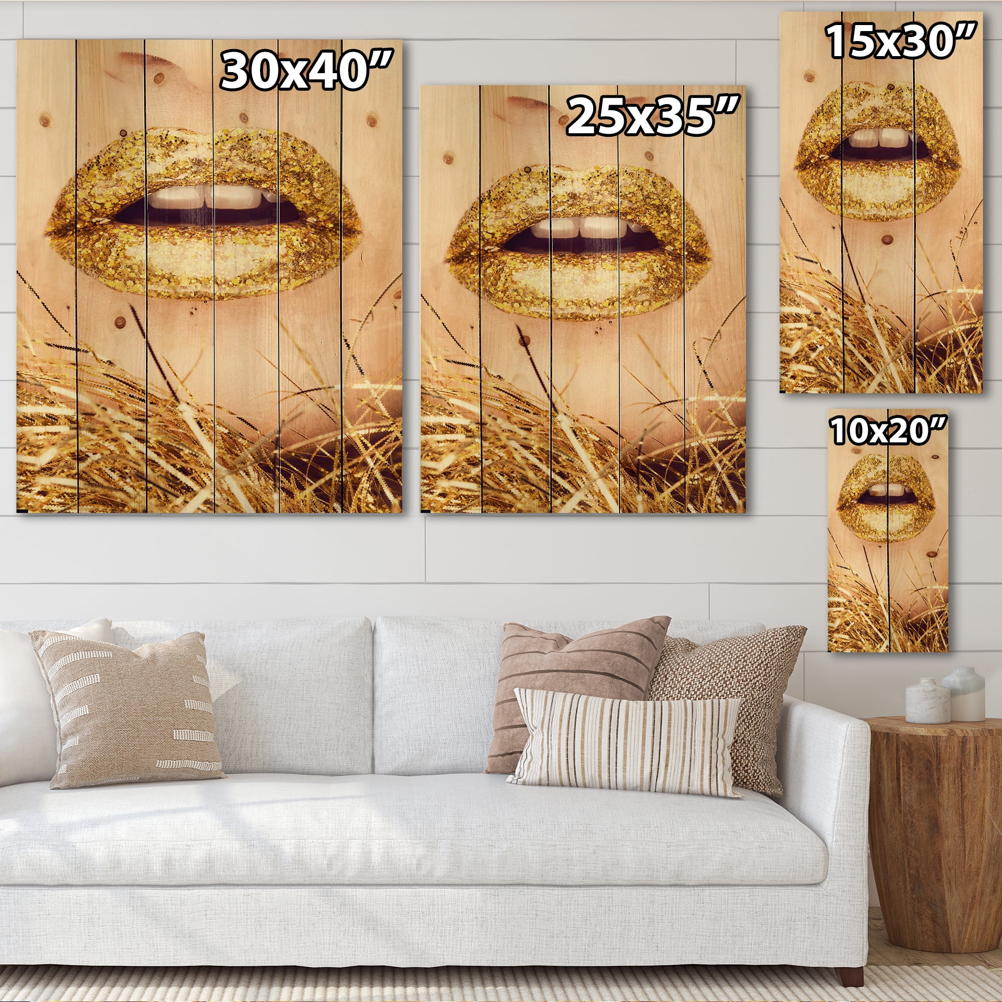Designart 'Close-Up Of Golden Female Lips I' Modern Print on Natural Pine Wood