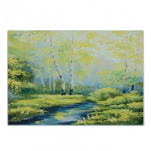 Country Cutting Board, Pastoral Paint of a Forest in the Spring Time with Fresh Colored Leaves Trees Art, Decorative Tempered Glass Cutting and Serving Board, Small Size, Green Blue, by Ambesonne