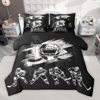 Homewish Ice Hockey 7-Piece Twin Bedding Sets,Boys Ball Game Bedding Comforter Set,Gray Black Sheet Sets For Boys Teens,Ultra Soft Home Decor Reversible
