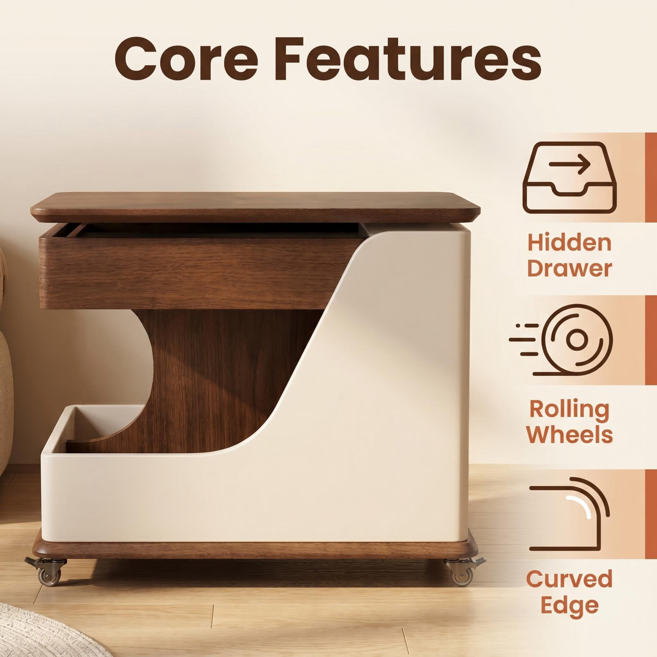 GDF Studio 27.6" Adjustable Lift-Top Side Table with Hidden Storage, 360° Swivel Top, White+Walnut