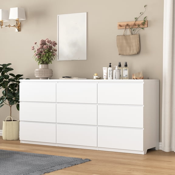 Dtwnek 9 Drawers Dresser Wood Storage Cabinet for Living Room, Bedroom, White