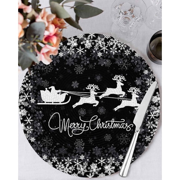 13 Inch Round Placemats Set of 4, Christmas Elk Non Slip Heat Insulation PP Table Mats, Winter Santa Claus Xmas Snowflakes Black Washable Place Mats for Kitchen Dining Party Table Decor