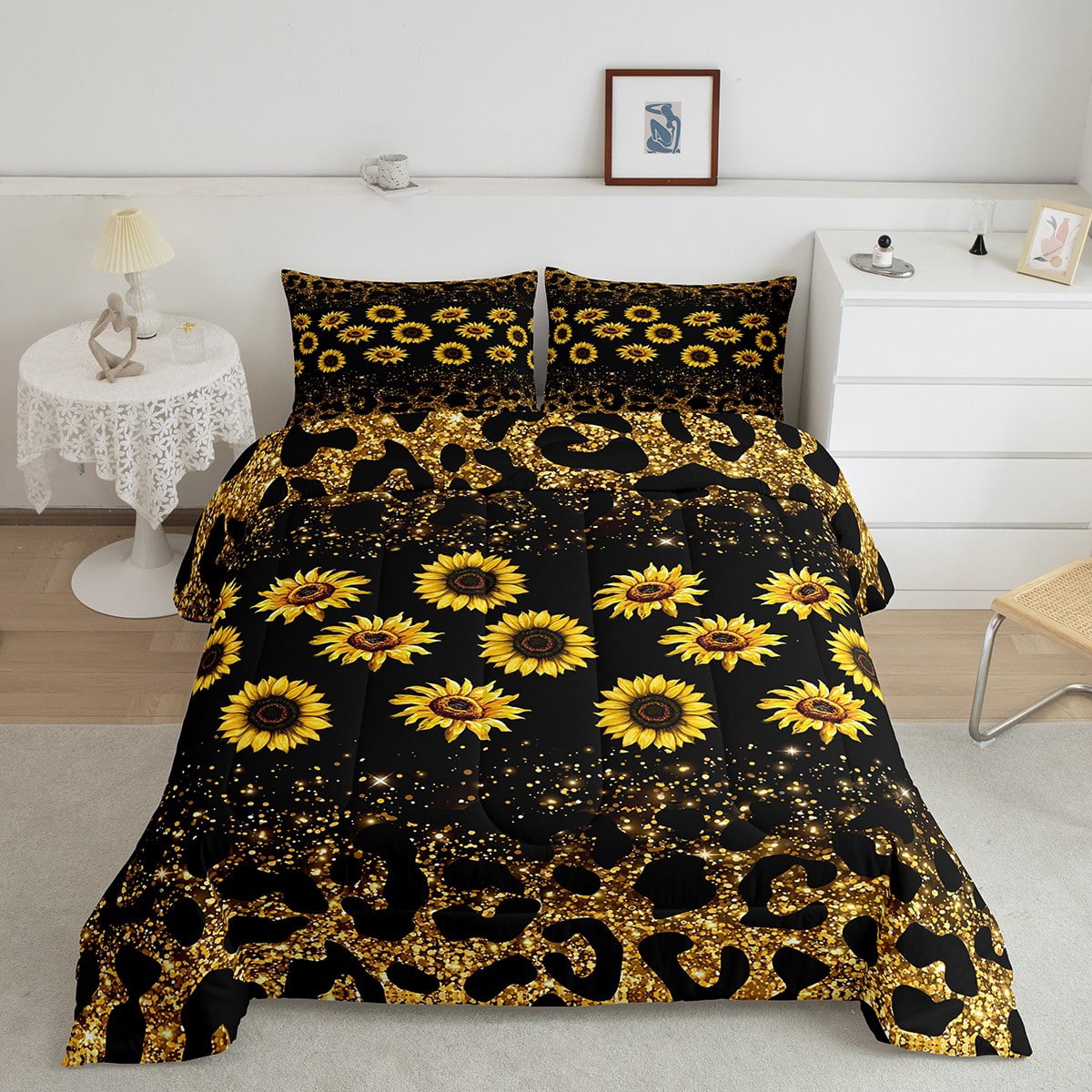 Manfei Fashion Leopard Print Bedding Sets Twin with Comforter, Sunflower Print Comforter Sets Twin Size, Glitter Reversible Down Comforter, Super Cozy Bedroom Decoration, 2pcs